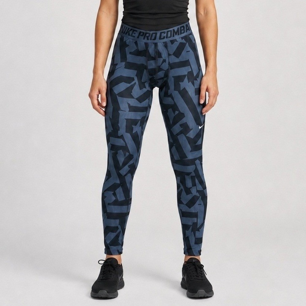 Nike Pro Combat Womens Navy Blue Geometric Print Compression Leggings Large